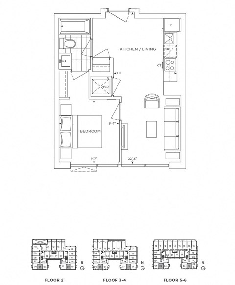 Floor plan for 1 bed, 1 bath, 485 sqft